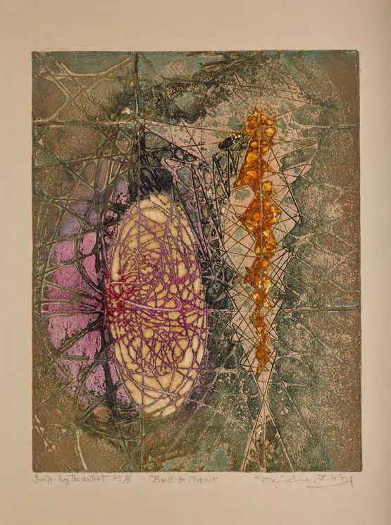 Two Forms In One  Bull  Man by Krishna Reddy contemporary artwork Print