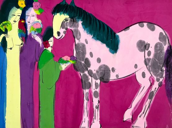 Three Beauties with a Pink Spotted Horse by Walasse Ting contemporary artwork Painting