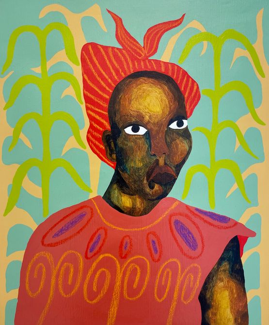 Lady in maize crop by Boemo Diale contemporary artwork Painting