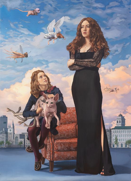 Inverso Mundus Mother and Daughter with Catpig by AESF contemporary artwork Painting