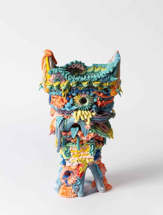 Polychrome loopy urn with rainbow arches by Ebony Russell contemporary artwork Sculpture