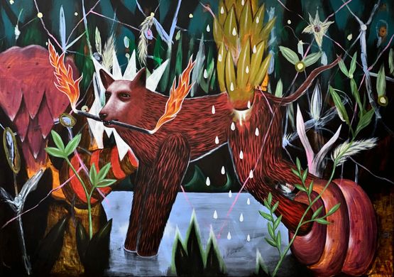 Bringing the Fire by Rodel Tapaya contemporary artwork Painting