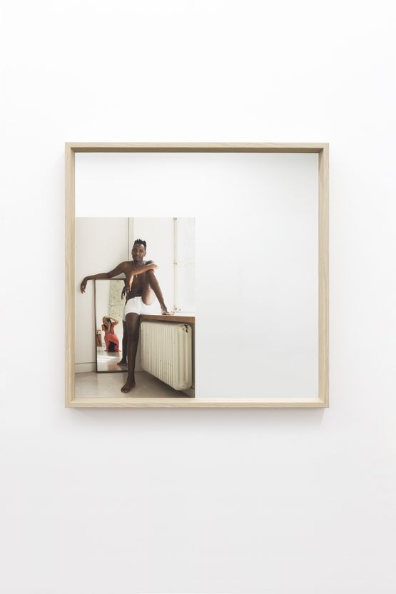 Francis on the window sill with me wearing black stockings by Lyndal Walker contemporary artwork Sculpture