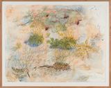 Yellow-throated miner sucking nectar from upsidedown plants as Burrowing bettongs sleep the day away in their mazy warrens by John Wolseley contemporary artwork works on paper