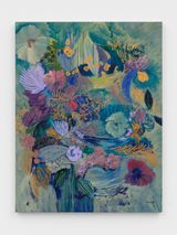 The liquid azure and the aquamarine between the delicate feathers of shining gold by Ileana Garcia Magoda contemporary artwork painting