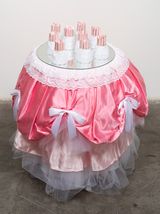 Nine Pink Lipstick Domes In White Eyelet Dresses Wondering When They Will Be Old Enough To Wear Lipstick And When They Will Be Asked To Dance by Karen Lecocq contemporary artwork painting photography print sculpture works on paper