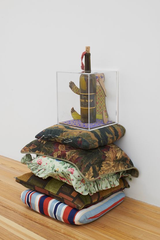 Trump Molotov 2 on stolen pillow pedestal by Hadi Falapishi contemporary artwork Works on Paper