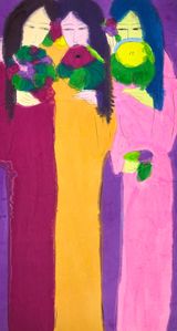 Three Beauties Holding Floral Fans Whispering Earnestly by Walasse Ting contemporary artwork painting works on paper