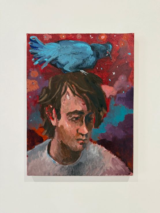 Self-portrait with Blue Bird by Charles Hascoet contemporary artwork Painting