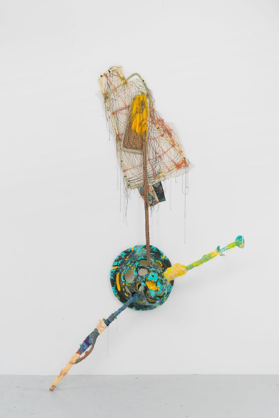 Dent cariee du Cretace. Dans la paume de nos mains meandre androgyne nacre delavee felure du sablier. Misericorde coffre tes murmures divinatoires sous les pieds de Andromede corne jaune et bleue by Julien Creuzet contemporary artwork Sculpture