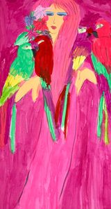 Red Haired Lady with Four Parrots by Walasse Ting contemporary artwork drawing painting works on paper