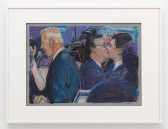 Mayor Pete and husband kiss by Biden at the Presidential Debate by Keith Mayerson contemporary artwork Painting