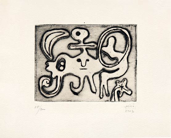 Femme et oiseau devant lune by Joan Miro contemporary artwork Print