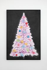 a pink Christmas tree with coloured lights and decorations by Andrew Sim contemporary artwork drawing works on paper