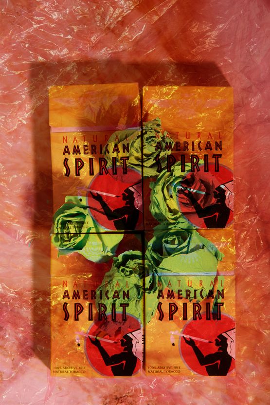 Yellow American Spirit with Blue Roses by Roe Ethridge contemporary artwork Mixed Media