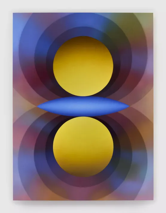 Overview Effect in yellow and blue with large mandorla by Loie Hollowell contemporary artwork Painting