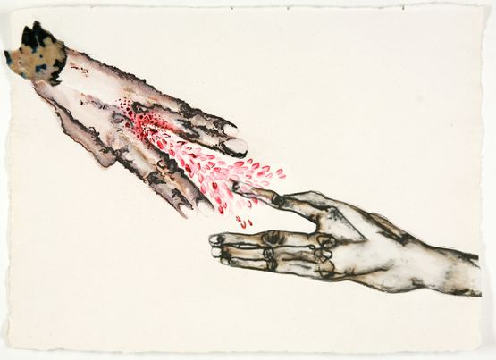 On your hand  I place my hand  barely. In our hands  nothing. by Mithu Sen contemporary artwork Painting