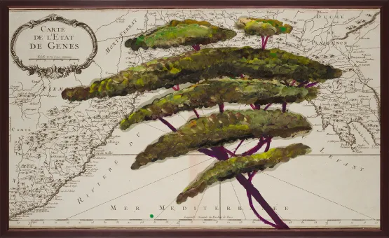 Portrait of Italy Through Its Trees Painting on Map VI by Julian Schnabel contemporary artwork Works on Paper
