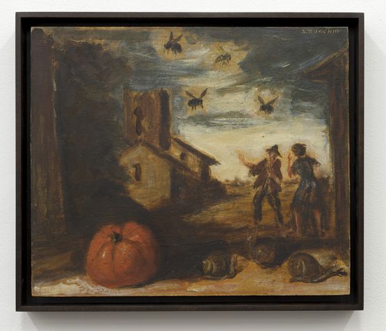 Untitled Paesaggio con figure uane lumache insetti e zucca by Luigi Zuccheri contemporary artwork Painting