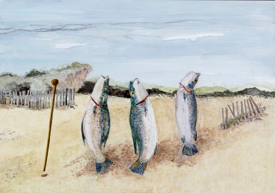 Postcards from Africa Fishermen with capitaines by Sue Williamson contemporary artwork Painting
