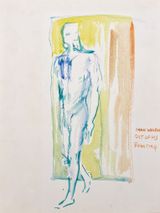 Man Walking out of His Painting by Antonio Mak contemporary artwork painting works on paper