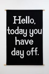 Hello today you have day off wording of text message sent to a worker on a zero hours contract informing him his labour would not be required that day by Jeremy Deller contemporary artwork textile