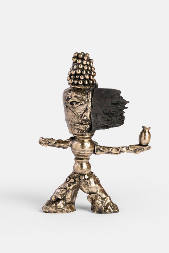 Figure with Vessel and Wooden Mask by Ramesh Mario Nithiyendran contemporary artwork Sculpture
