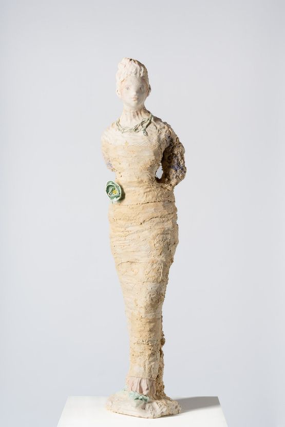 Woman with green rose Portrait of Julia Zemiro by Linda Marrinon contemporary artwork Sculpture