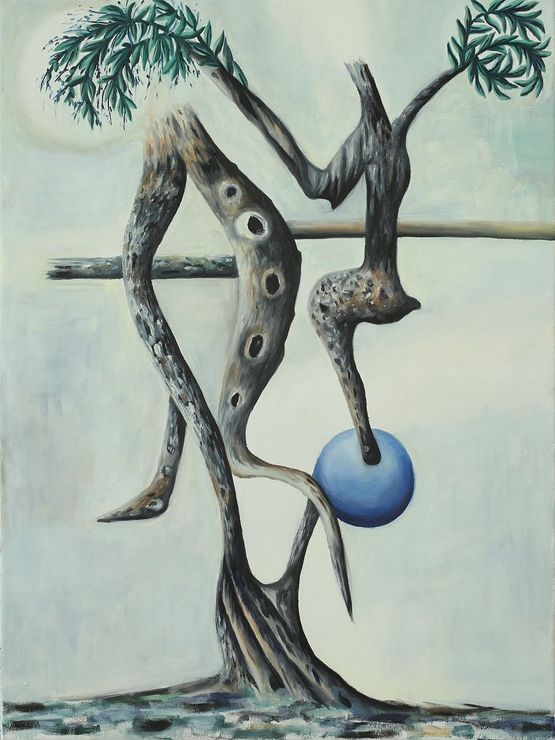 Verholzte Baumskulptur blaue Kugel by Hartmut Neumann contemporary artwork Painting