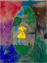 Girl in a blindfold from the back with Kitten and ball of wool by Jenny Watson contemporary artwork painting
