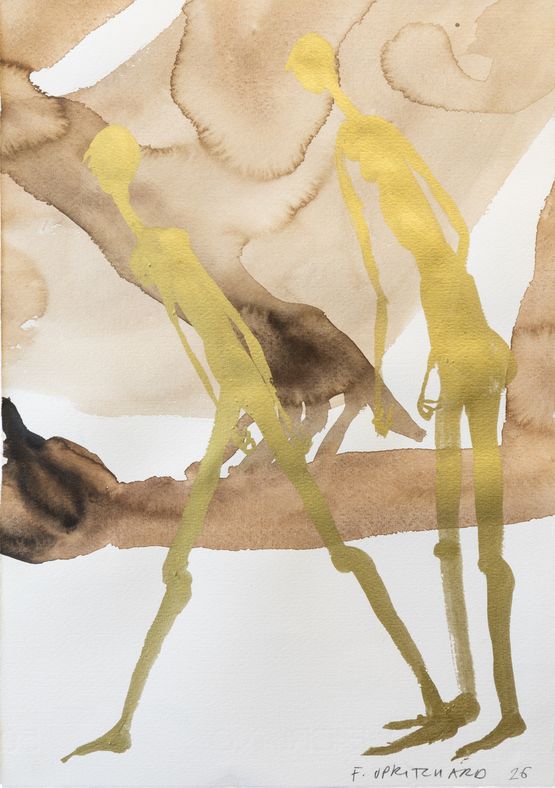 2 Gold Figures with Giant Behind by Francis Upritchard contemporary artwork Works on Paper