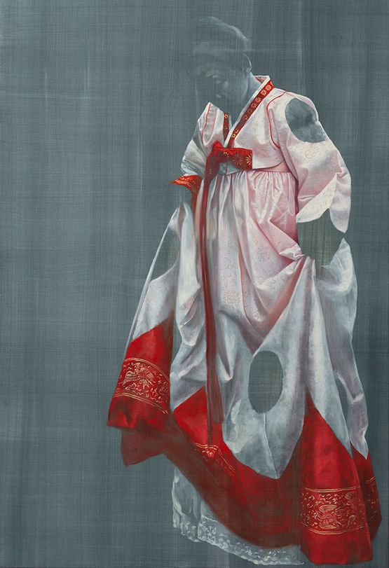 Hanbok in red and white by Helena Parada Kim contemporary artwork Painting