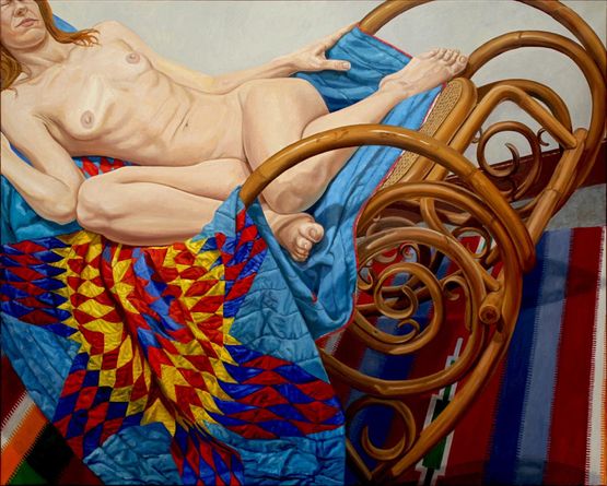 Model on Bentwood Rocker and American Quilt by Philip Pearlstein contemporary artwork Painting