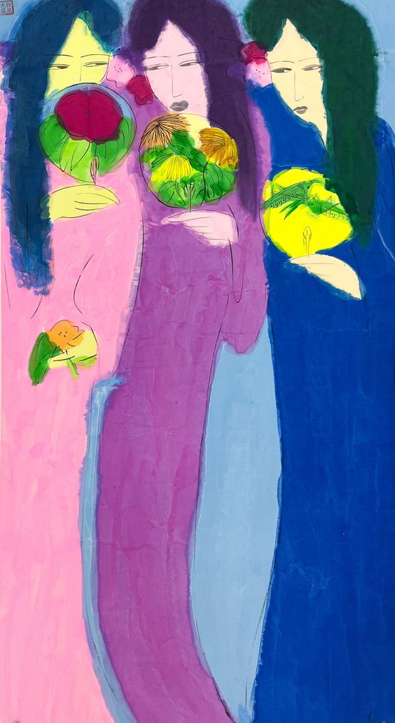 Three beautiful Ladies Holding Fans Whispering Softly by Walasse Ting contemporary artwork Painting