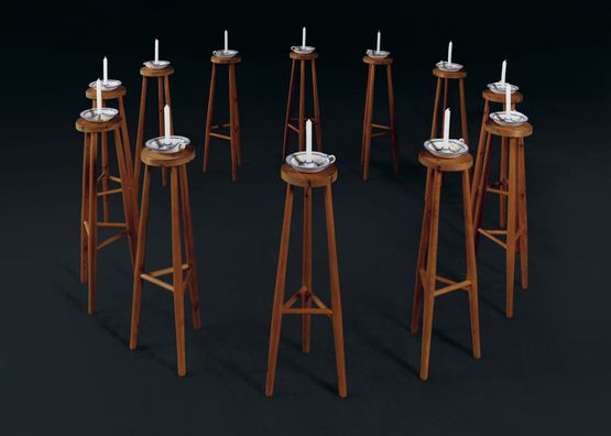 12 ceramic candlesticks each on wooden stools with Katherine and Candida Ballantyne and Caroline Webb by Ian Hamilton Finlay contemporary artwork Design