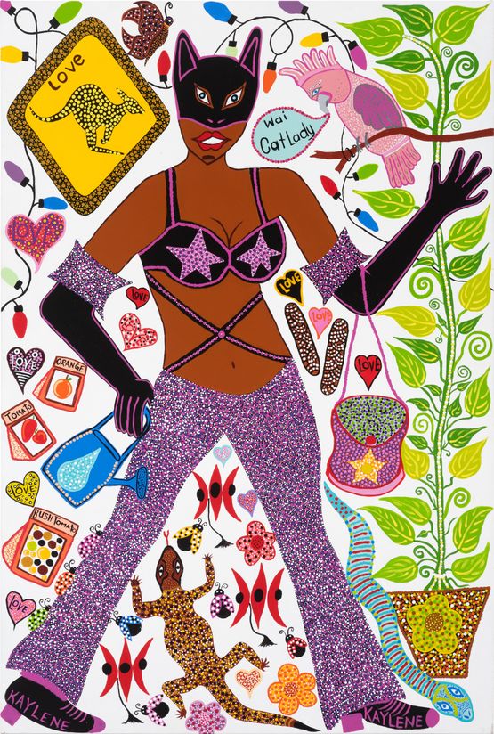 Wai Cat Lady by Kaylene Whiskey contemporary artwork Painting