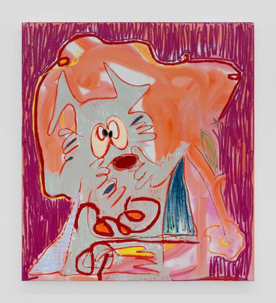 Gato asustado y polilla caniche  Frightened cat and poodle moth by Nadia Hernandez contemporary artwork Painting
