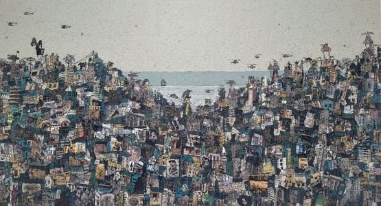 Humming birds over my city by Zena Assi contemporary artwork Mixed Media