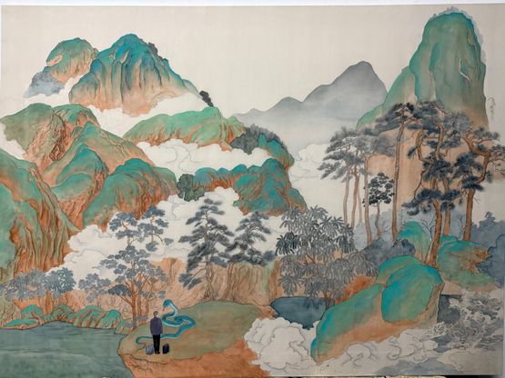 Peach Blossom Spring WonderlandEncounter with a Snake by Qiu Anxiong contemporary artwork Painting